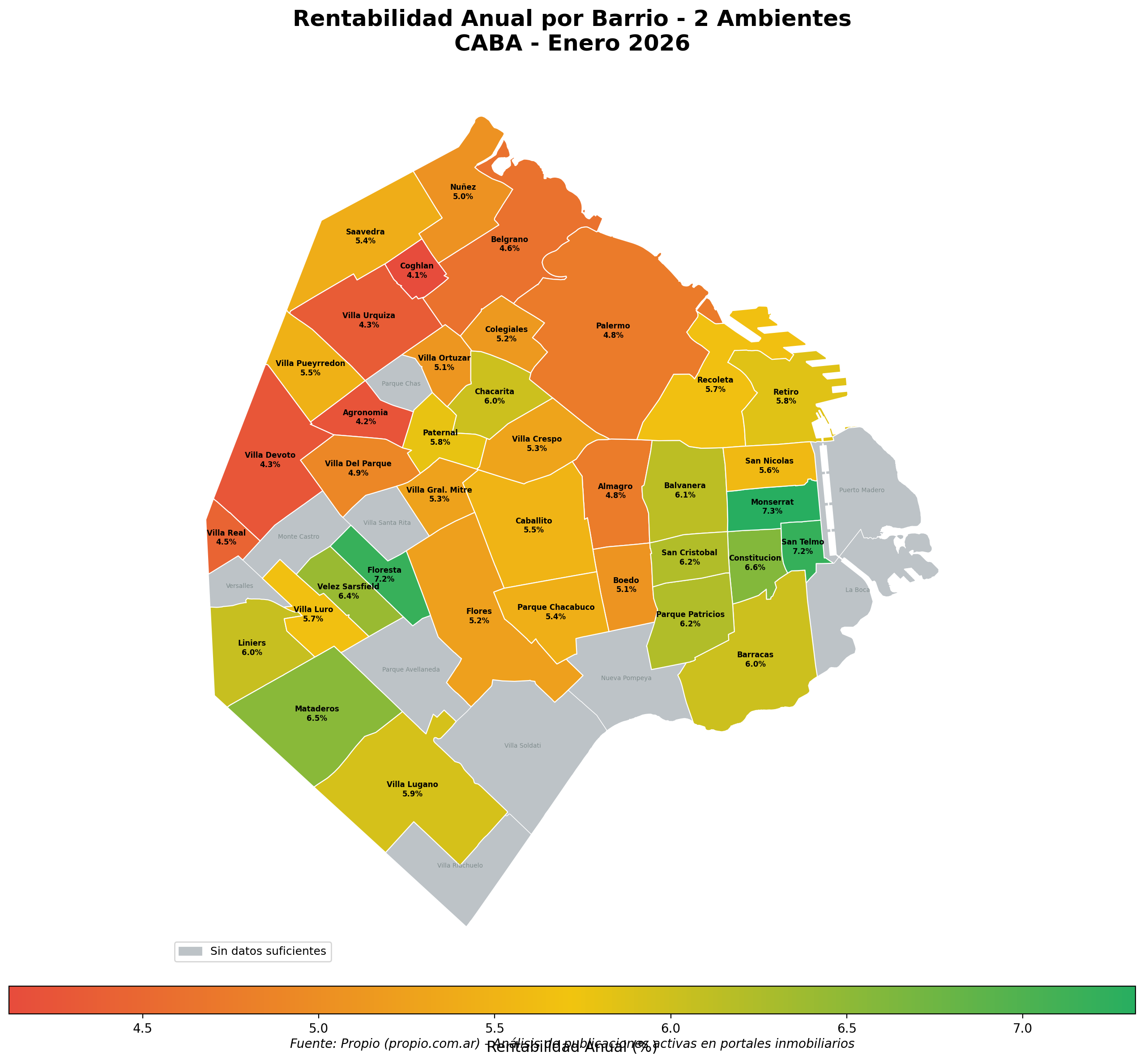 Mapa de rentabilidad anual por barrio para departamentos de 2 ambientes