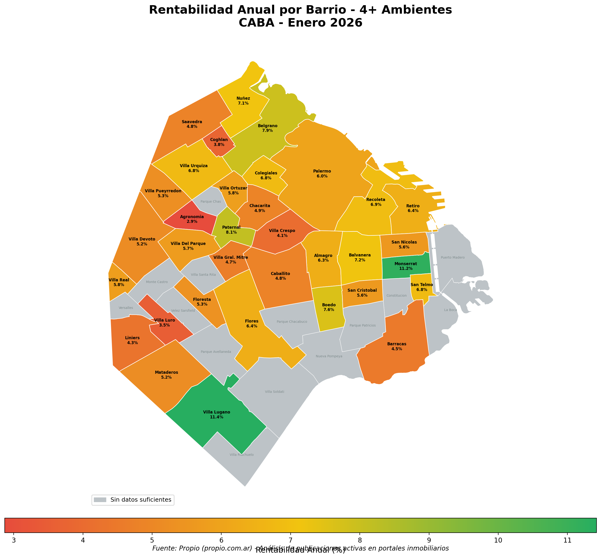 Mapa de rentabilidad anual por barrio para departamentos de 4 o más ambientes